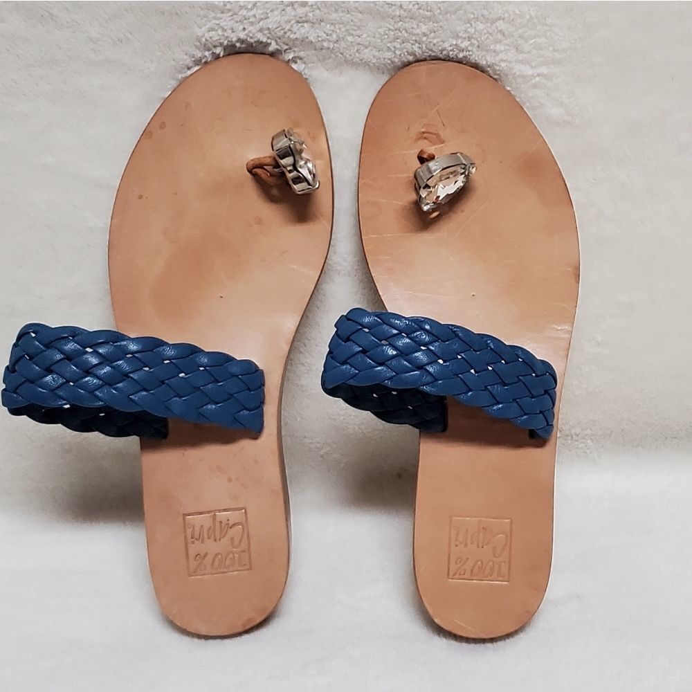 𝅺100% Capri Blue Italian Leather Stacked Heel Crystal Heart Thong Sandals 6.5 - Picture 11 of 14